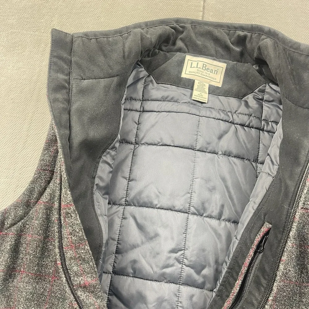 LL Bean Vest Mens XL Gray Plaid Wool‎ Blend Full Zip Quilt Insulated